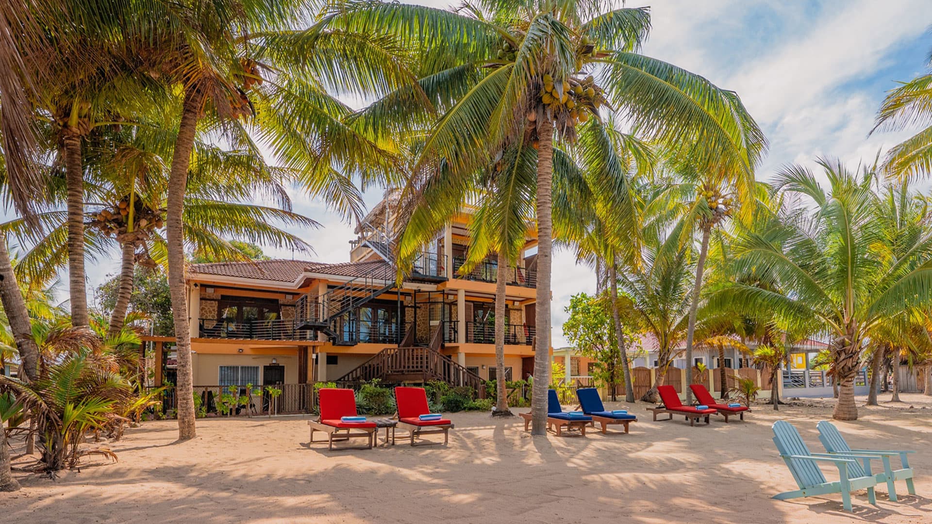 Beachfront property surrounded by palm trees with colorful lounge chairs in the sand.